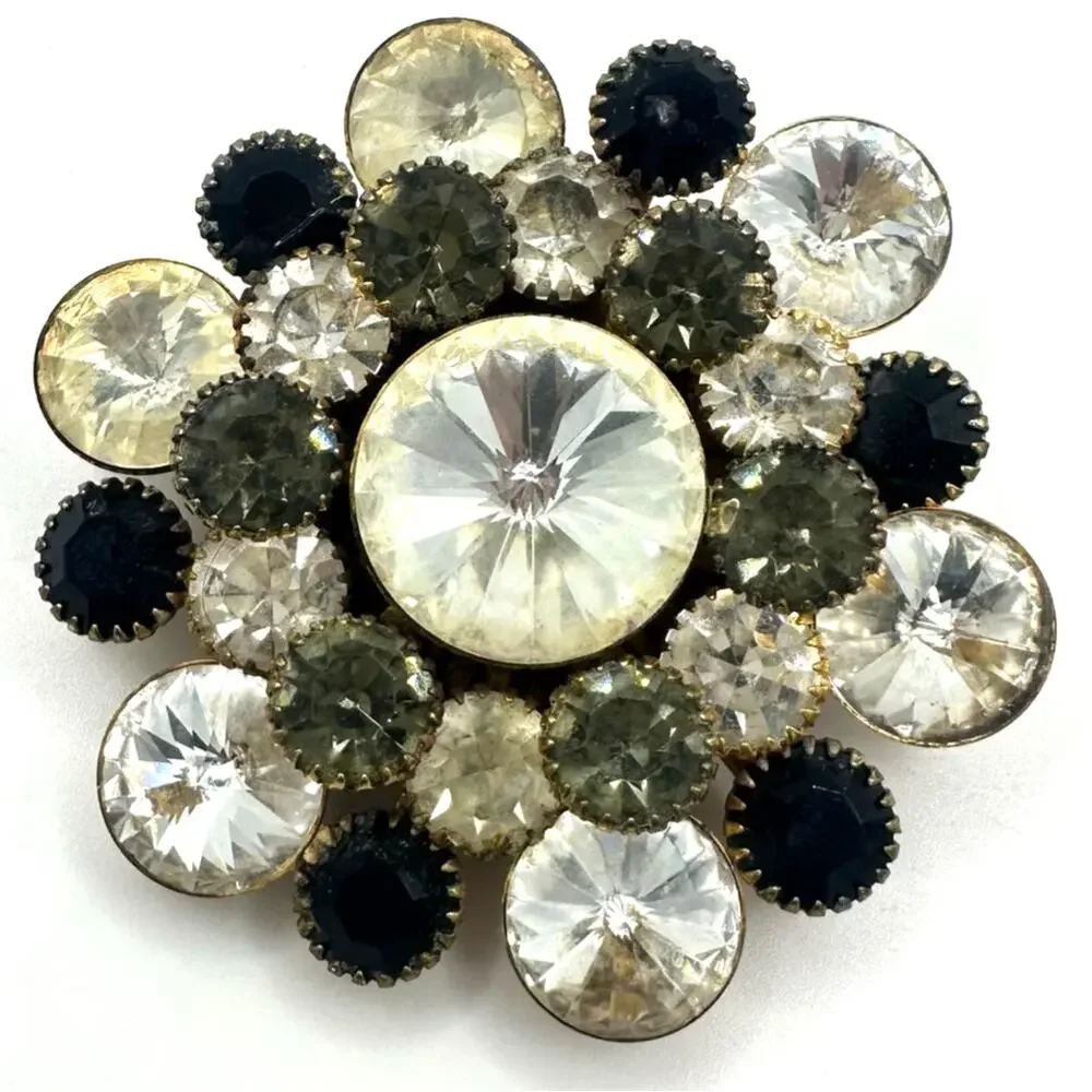 Vintage gold tone large clear rivolis smoky gray black rhinestones brooch